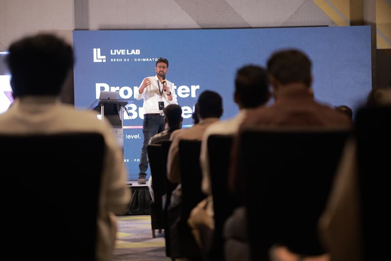 A Forgemind AI trainer speaking to a full room at Live Lab in Coimbatore