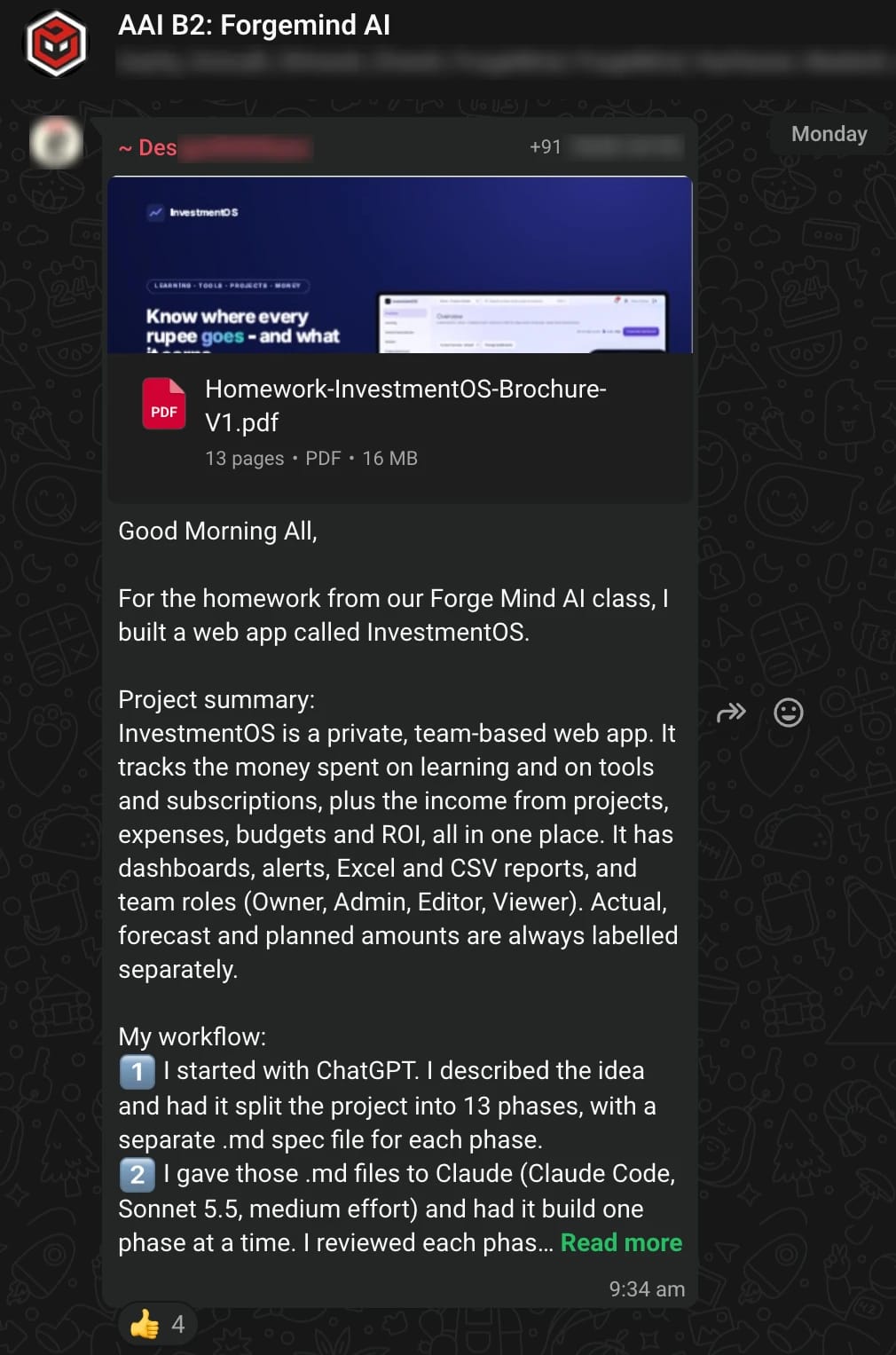 WhatsApp screenshot from the Batch 2 class group: Built InvestmentOS, a team money tracker, as class homework. Names and numbers blurred.