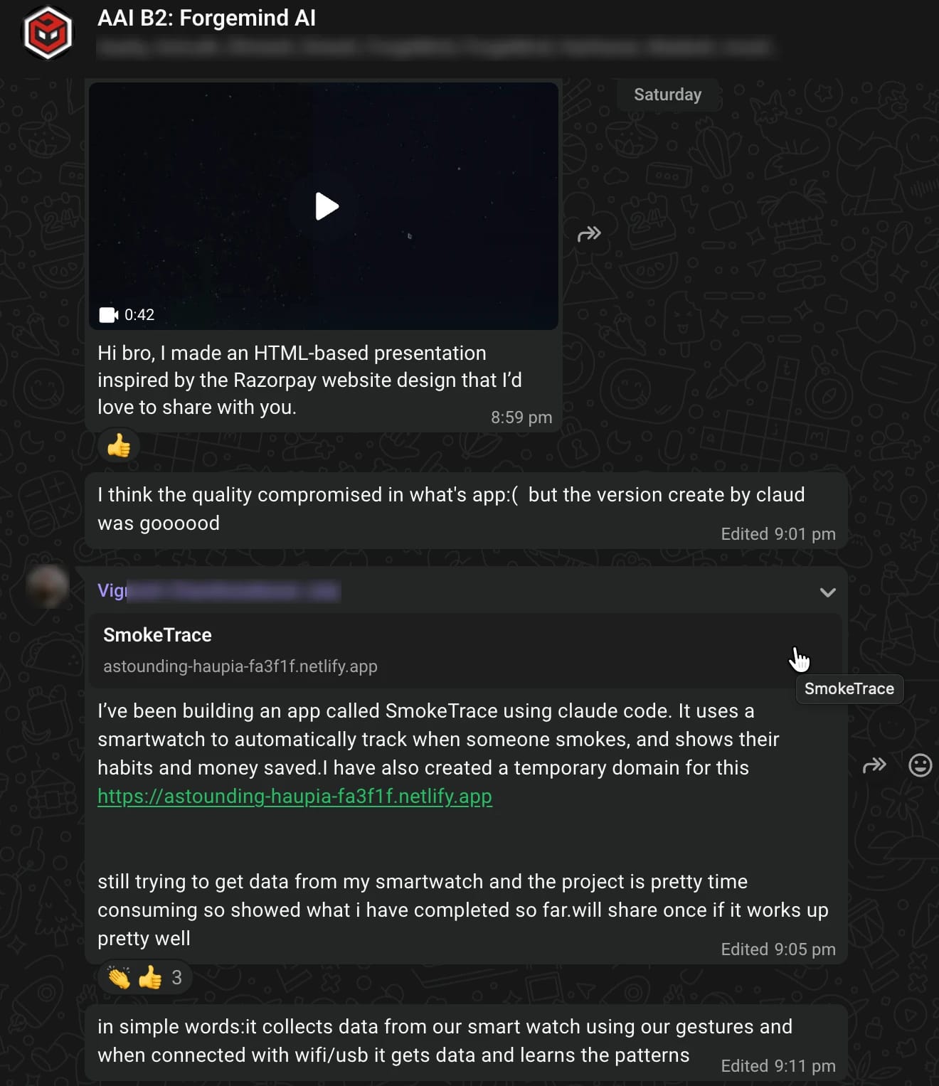 WhatsApp screenshot from the Batch 2 class group: Building SmokeTrace, a smartwatch app, with Claude Code. Names and numbers blurred.