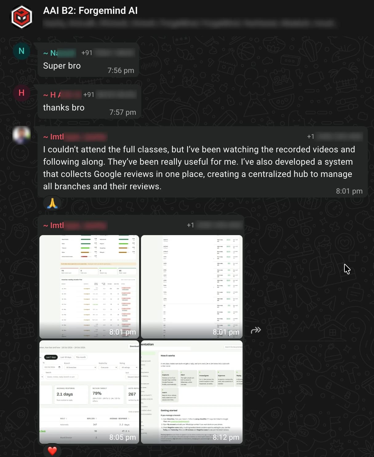 WhatsApp screenshot from the Batch 2 class group: Built one hub for every branch's Google reviews. Names and numbers blurred.