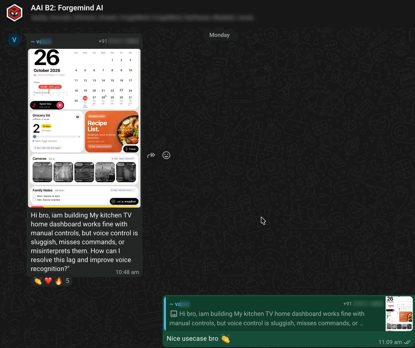 WhatsApp screenshot from the Batch 2 class group: A kitchen TV home dashboard with voice control. Names and numbers blurred.