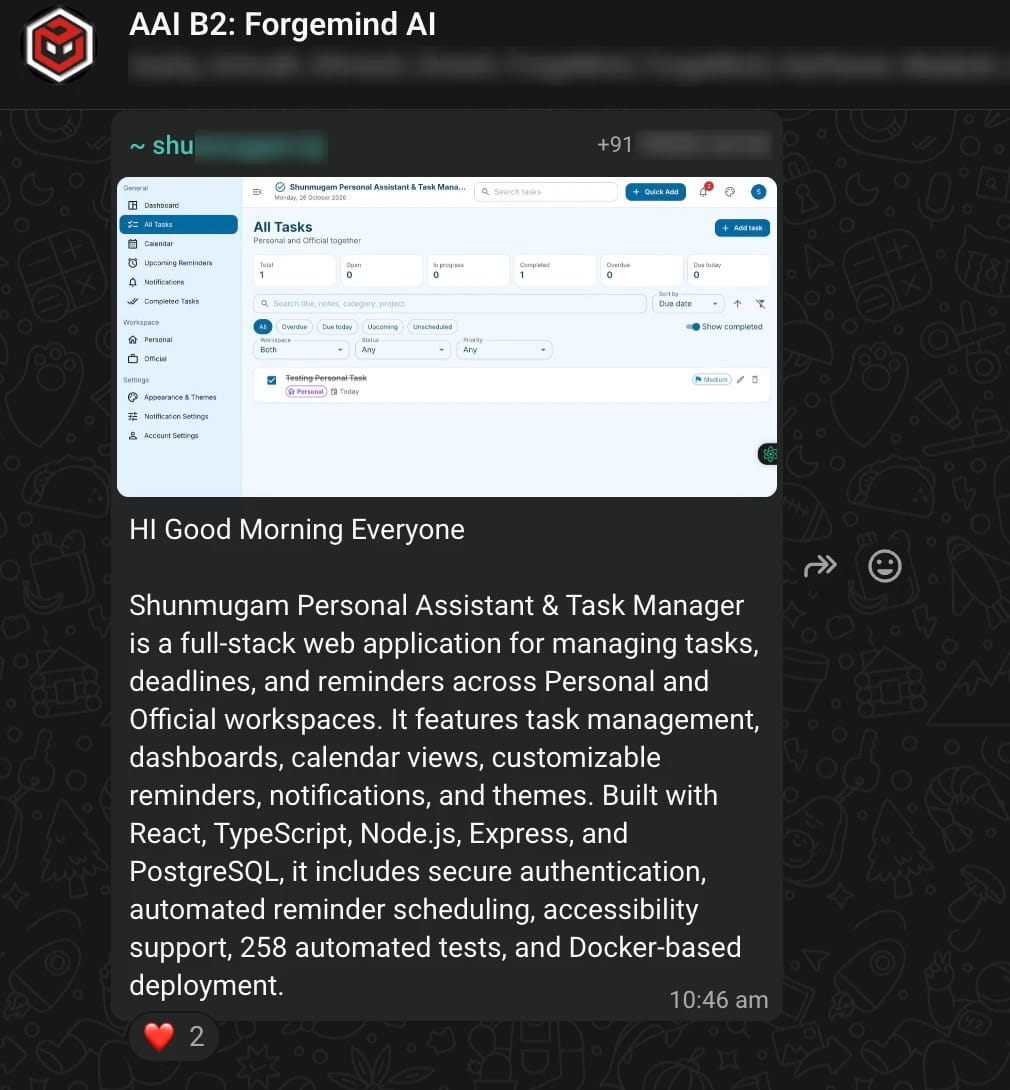 WhatsApp screenshot from the Batch 2 class group: A personal assistant and task manager, with 258 automated tests. Names and numbers blurred.